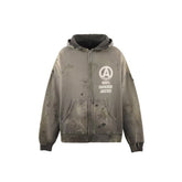 Saint Michael Anarchy Logo Distressed Zip‑Up Hoodie Grey