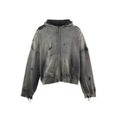 Saint Michael Distressed Zip‑Up Cropped Hoodie Dark Grey