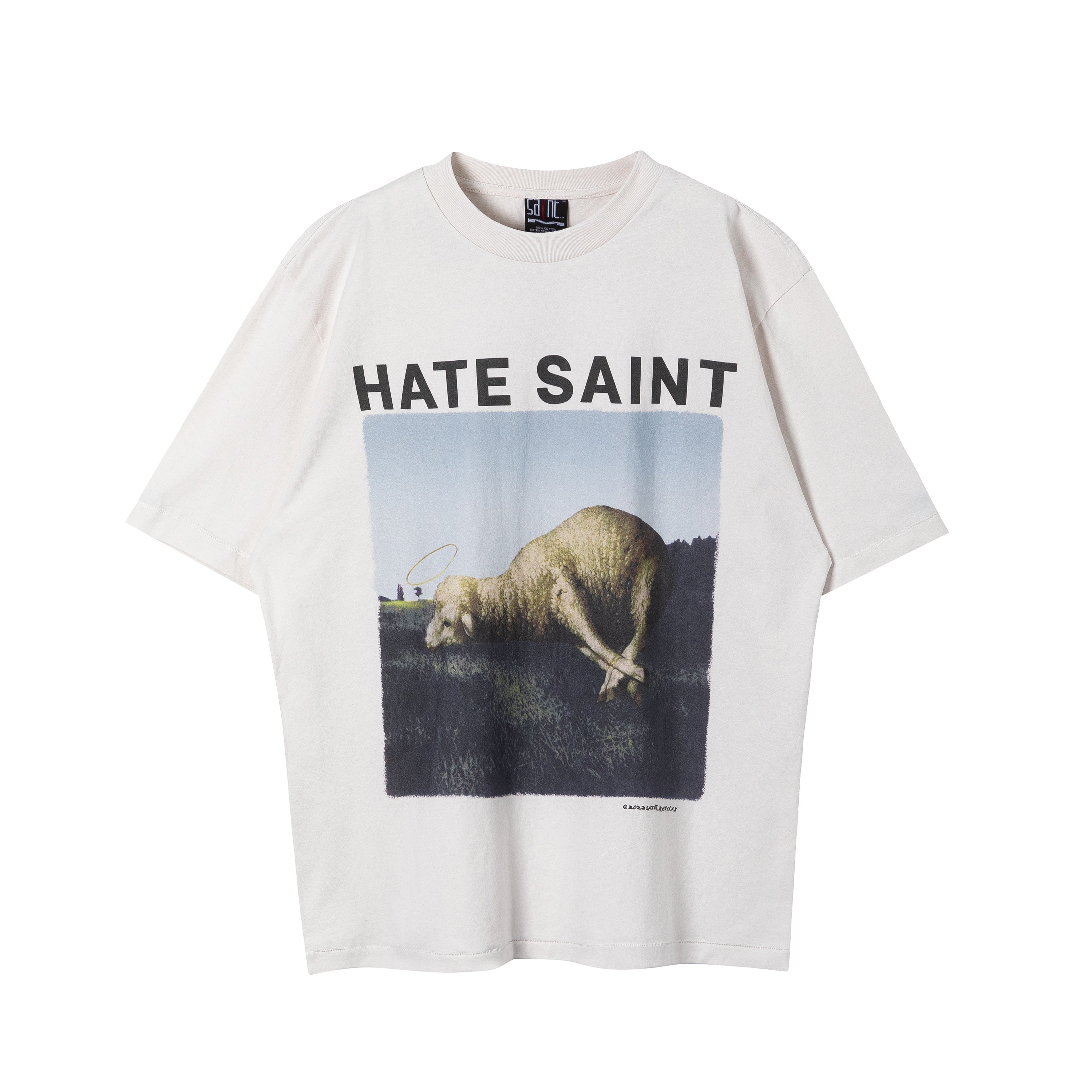 Saint Michael Hate Saint Lamb Print Off‑White Tee
