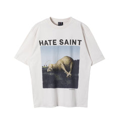 Saint Michael Hate Saint Lamb Print Off‑White Tee