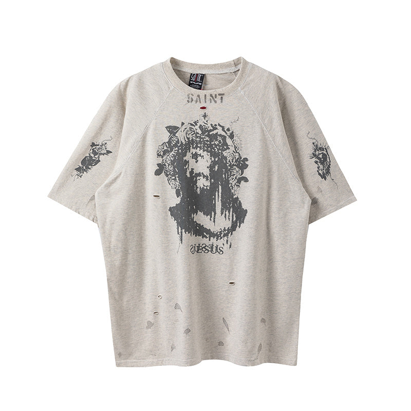 Saint Michael Jesus Distressed Oatmeal Vintage Tee