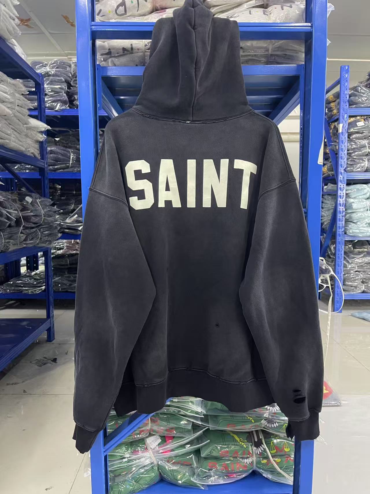 Saint Michael Distressed Saint Logo Washed Black Hoodie