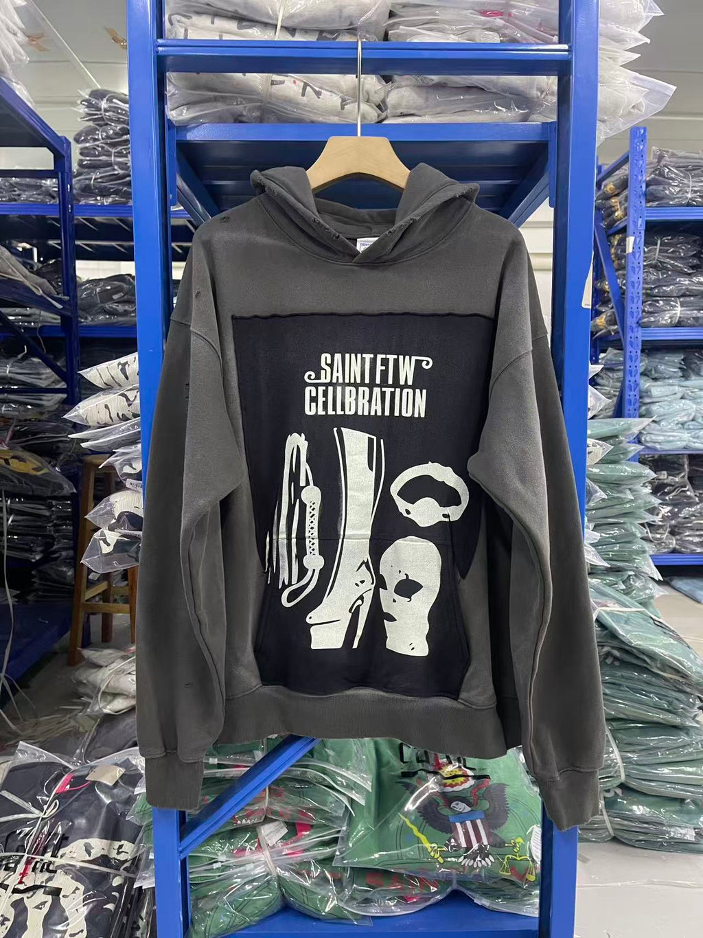 Saint Michael Patchwork Graphic Washed Grey Hoodie