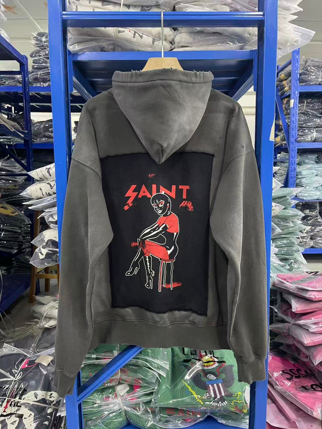 Saint Michael Patchwork Graphic Washed Grey Hoodie