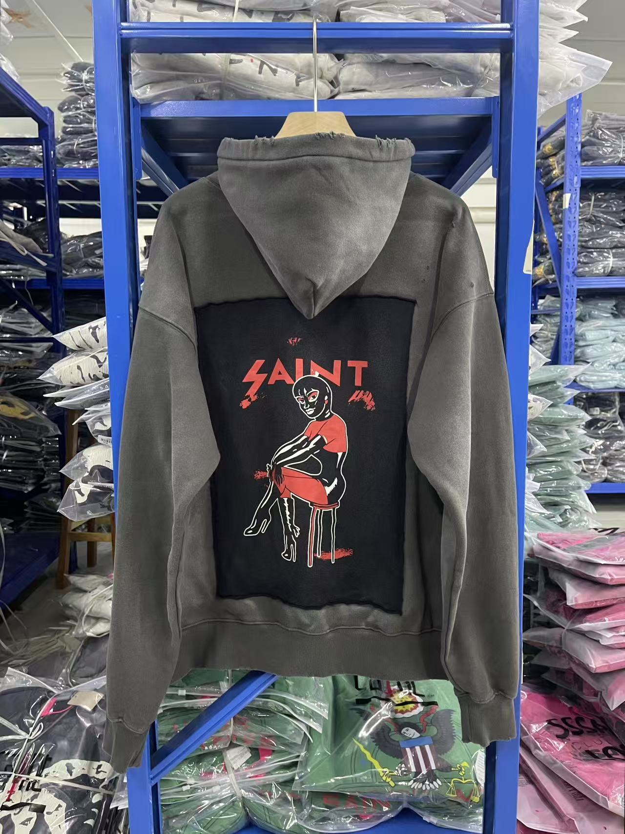 Saint Michael Patchwork Graphic Washed Grey Hoodie