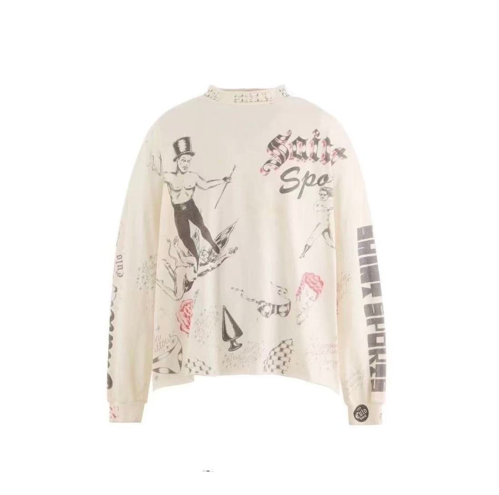 Saint Michael Vintage Tattoo Print Off‑White Mock Neck Long Sleeve Tee