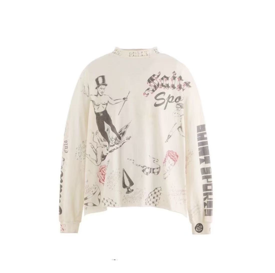 Saint Michael Vintage Tattoo Print Off‑White Mock Neck Long Sleeve Tee