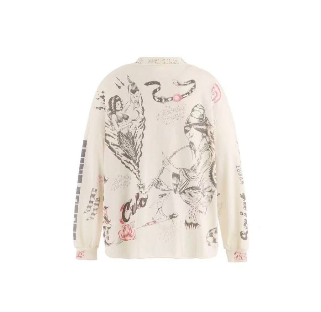 Saint Michael Vintage Tattoo Print Off‑White Mock Neck Long Sleeve Tee
