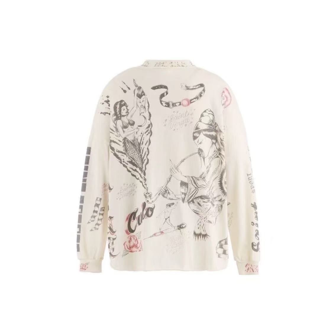 Saint Michael Vintage Tattoo Print Off‑White Mock Neck Long Sleeve Tee