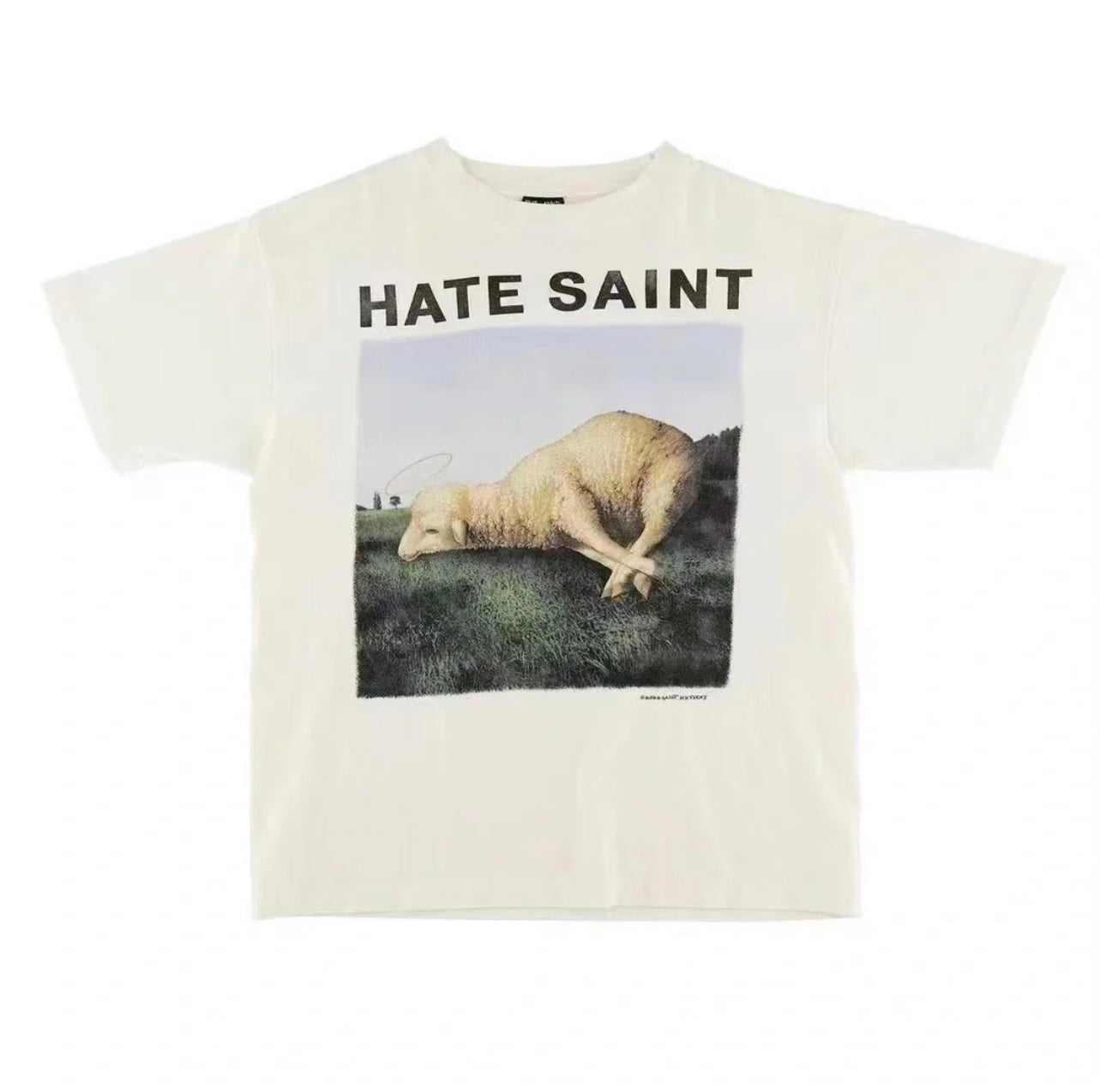 Saint Michael Hate Saint Lamb Print Off‑White Tee