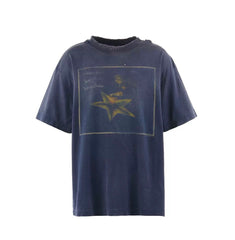 Saint Michael Star Smile Washed Navy Distressed Vintage Tee