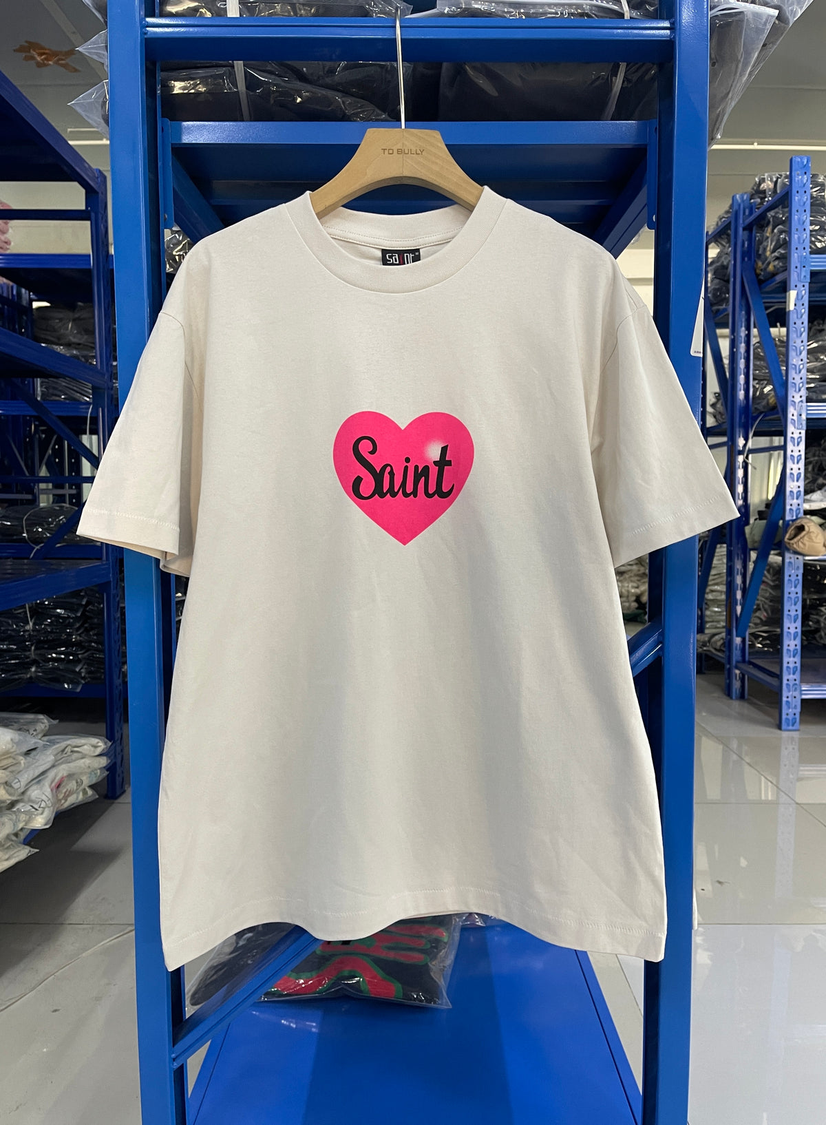 Saint Michael Pink Heart Lamb Graphic Off‑White Tee