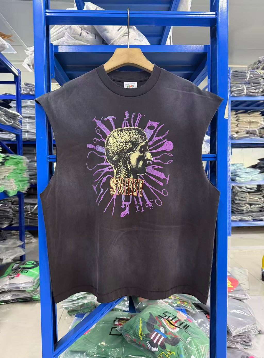 Saint Michael Brain Graphic Washed Black Sleeveless Tank