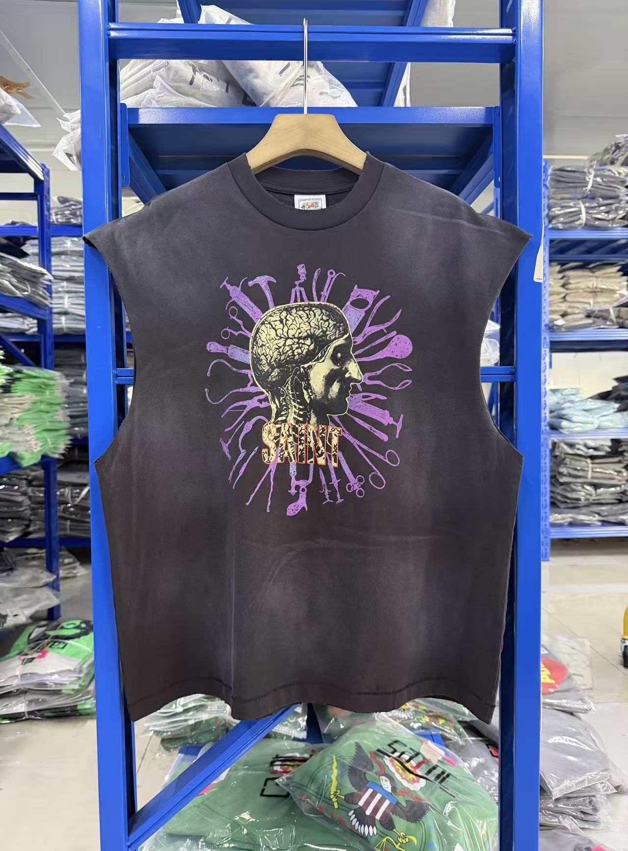 Saint Michael Brain Graphic Washed Black Sleeveless Tank