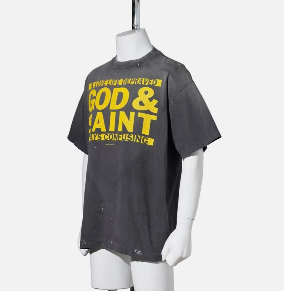 Saint Michael God & Saint Yellow Text Washed Black Tee