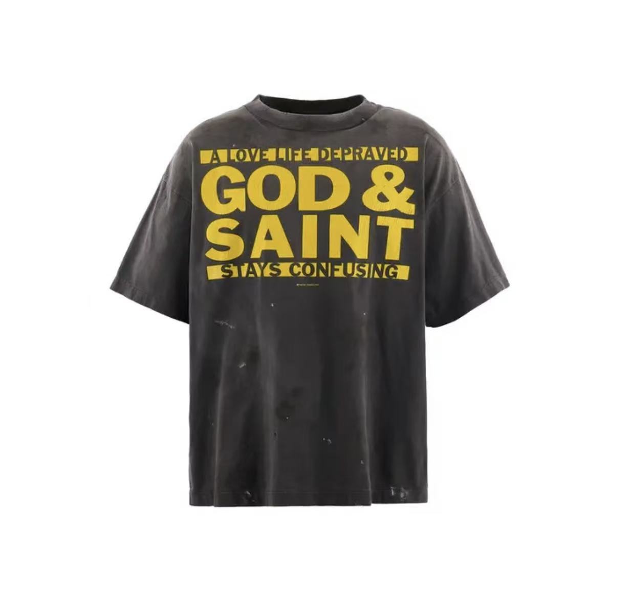 Saint Michael God & Saint Yellow Text Washed Black Tee