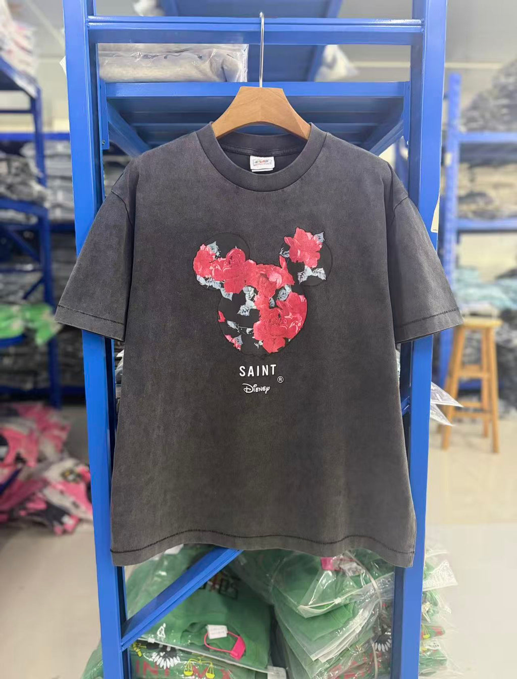 Saint Michael Floral Mickey Washed Black Tee