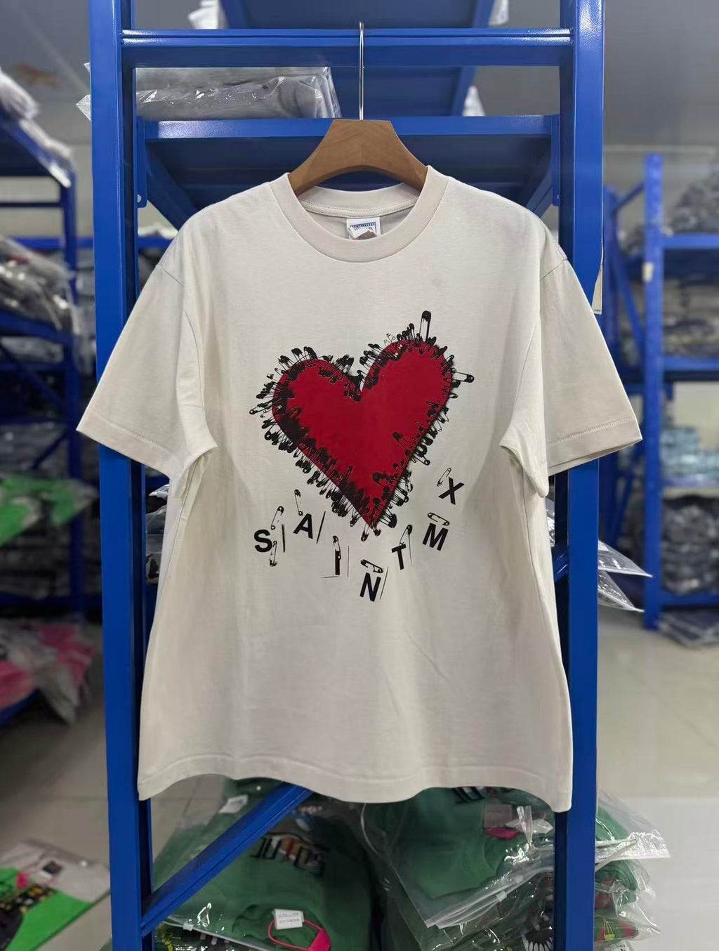 Saint Michael Safety Pin Red Heart Off‑White Tee