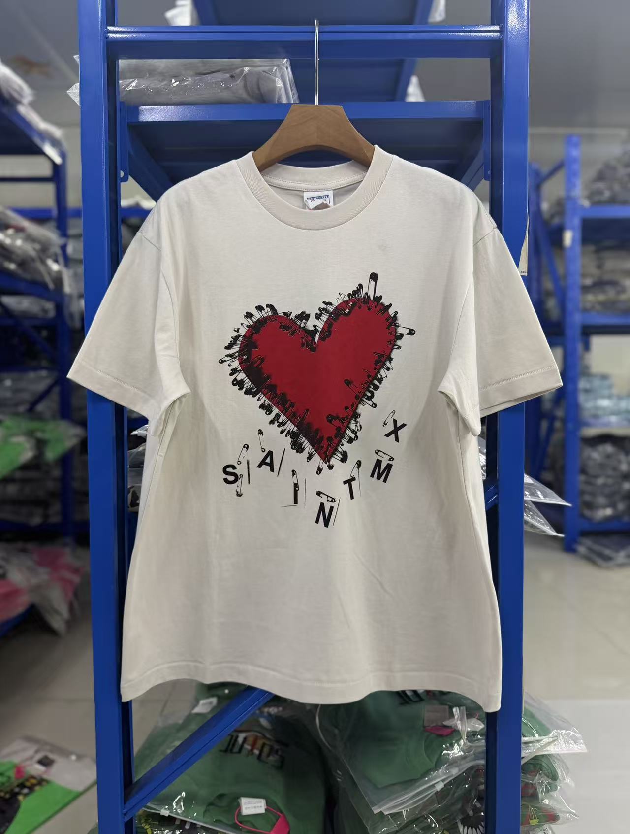 Saint Michael Safety Pin Red Heart Off‑White Tee