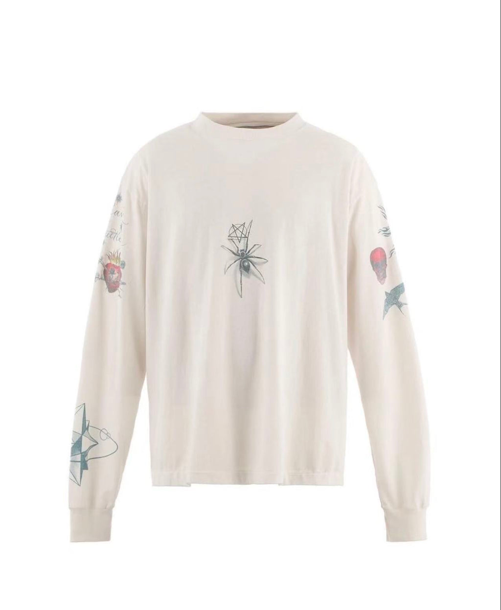 Saint Michael Spider Tattoo Print Off‑White Long Sleeve Tee