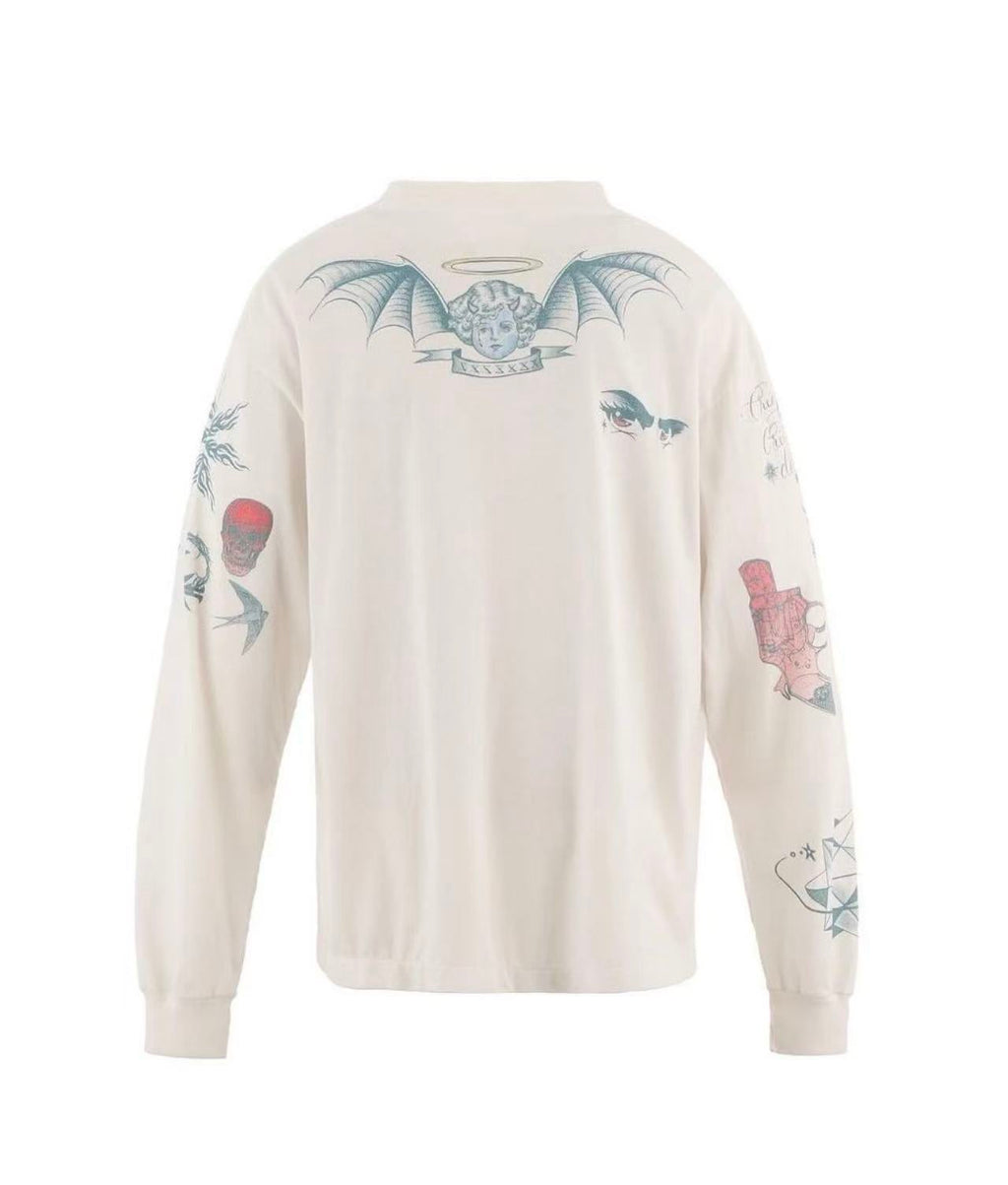 Saint Michael Spider Tattoo Print Off‑White Long Sleeve Tee