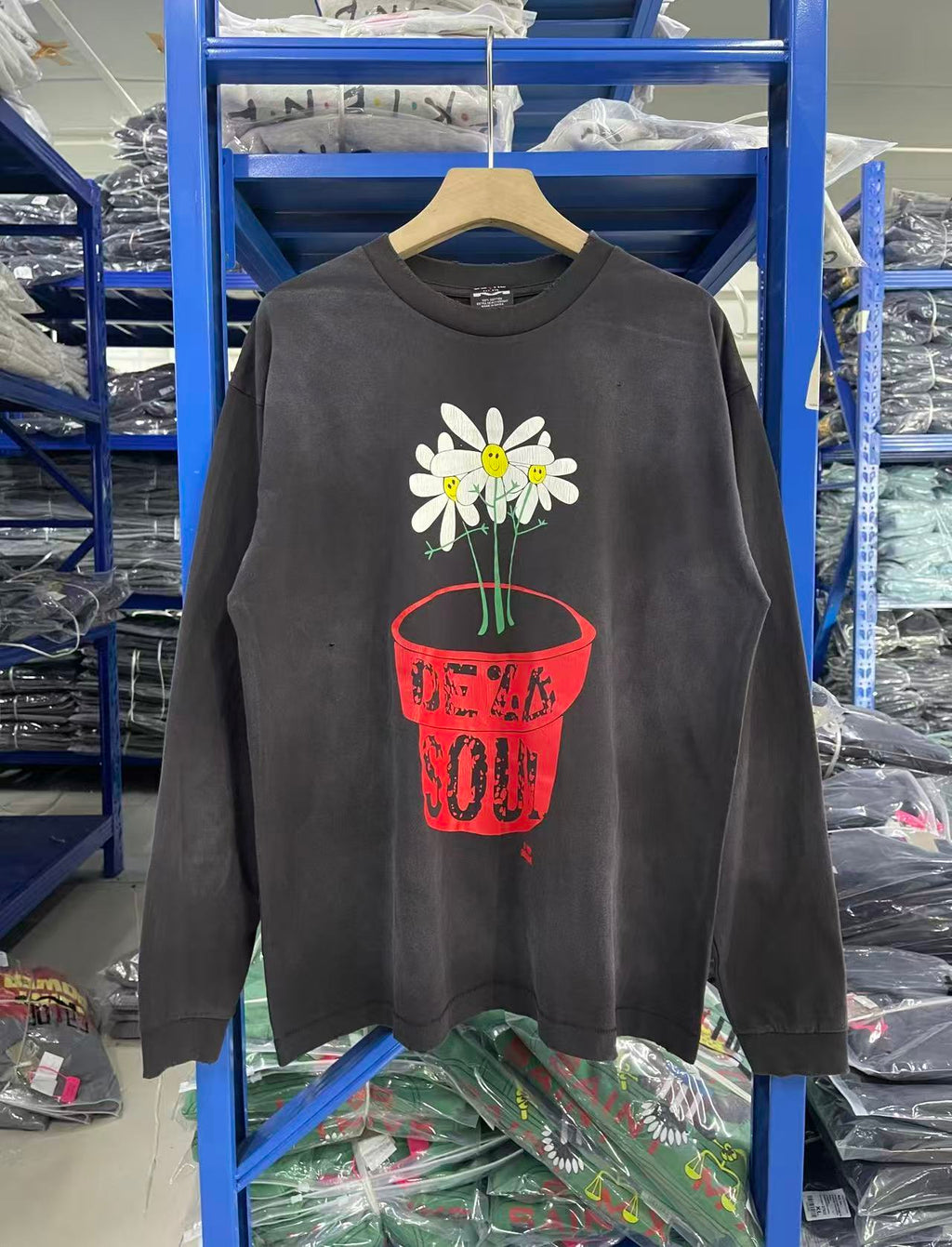 Saint Michael De La Soul Daisy Pot Washed Black Long Sleeve Tee