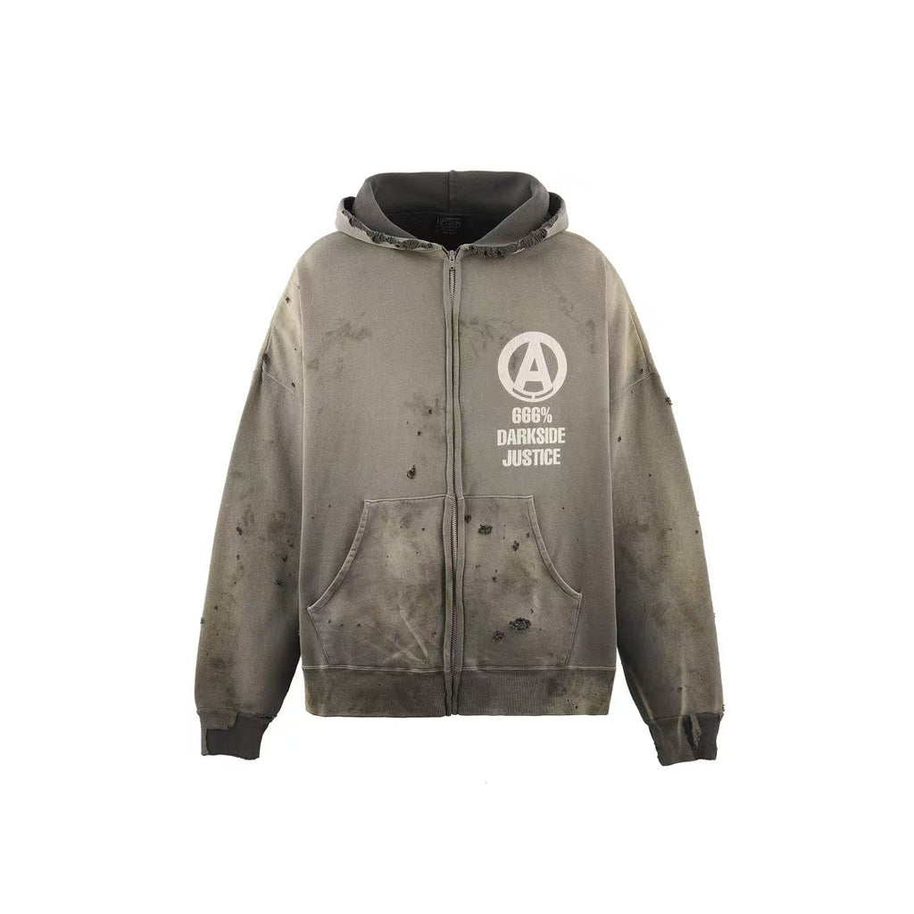 Saint Michael Anarchy Logo Distressed Zip‑Up Hoodie Grey