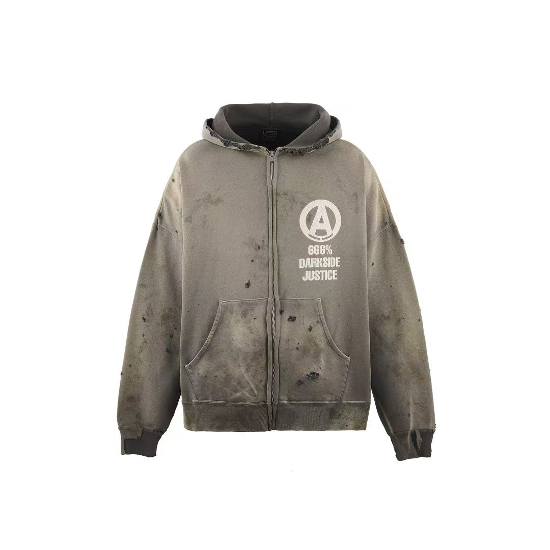 Saint Michael Anarchy Logo Distressed Zip‑Up Hoodie Grey