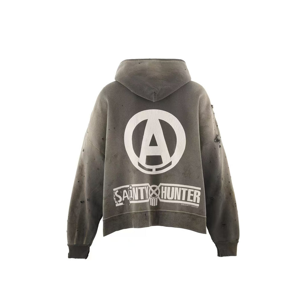 Saint Michael Anarchy Logo Distressed Zip‑Up Hoodie Grey