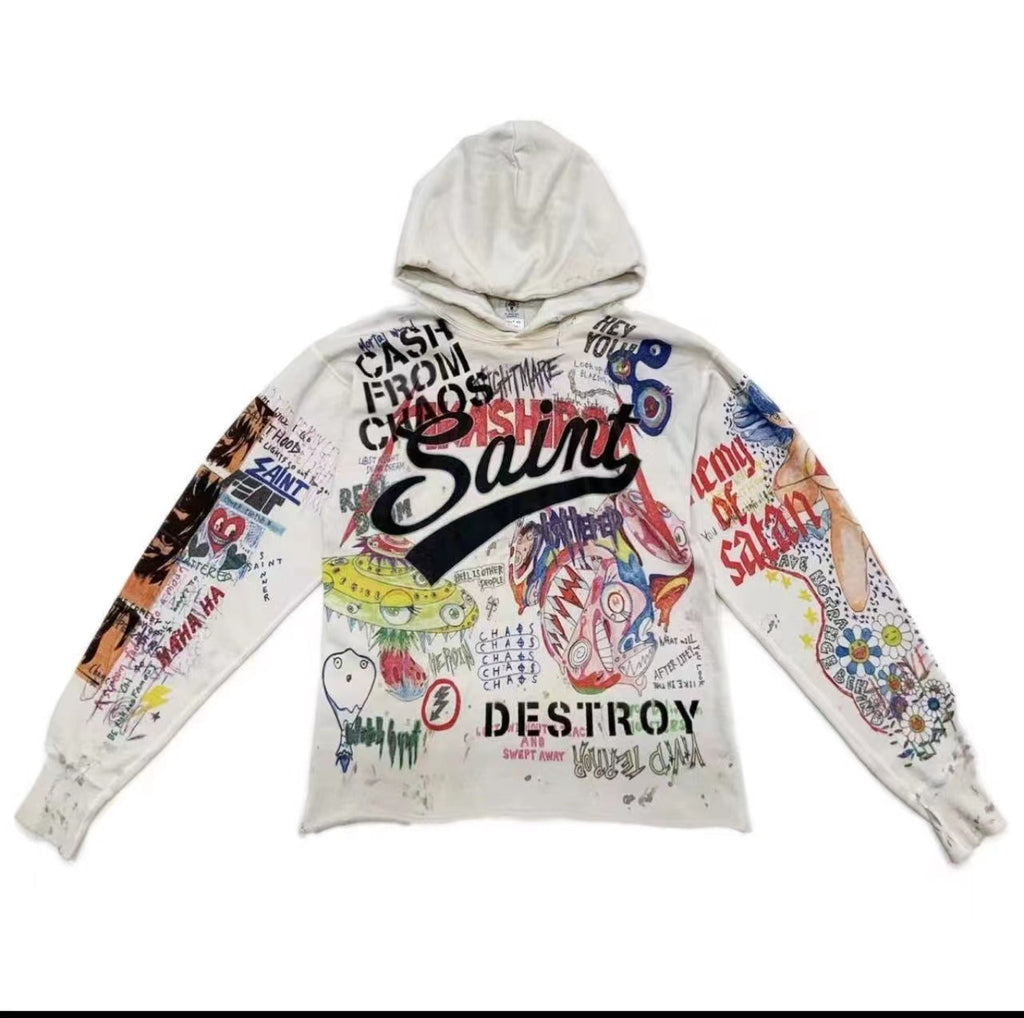 Saint Michael Full Graffiti Art Distressed Hoodie