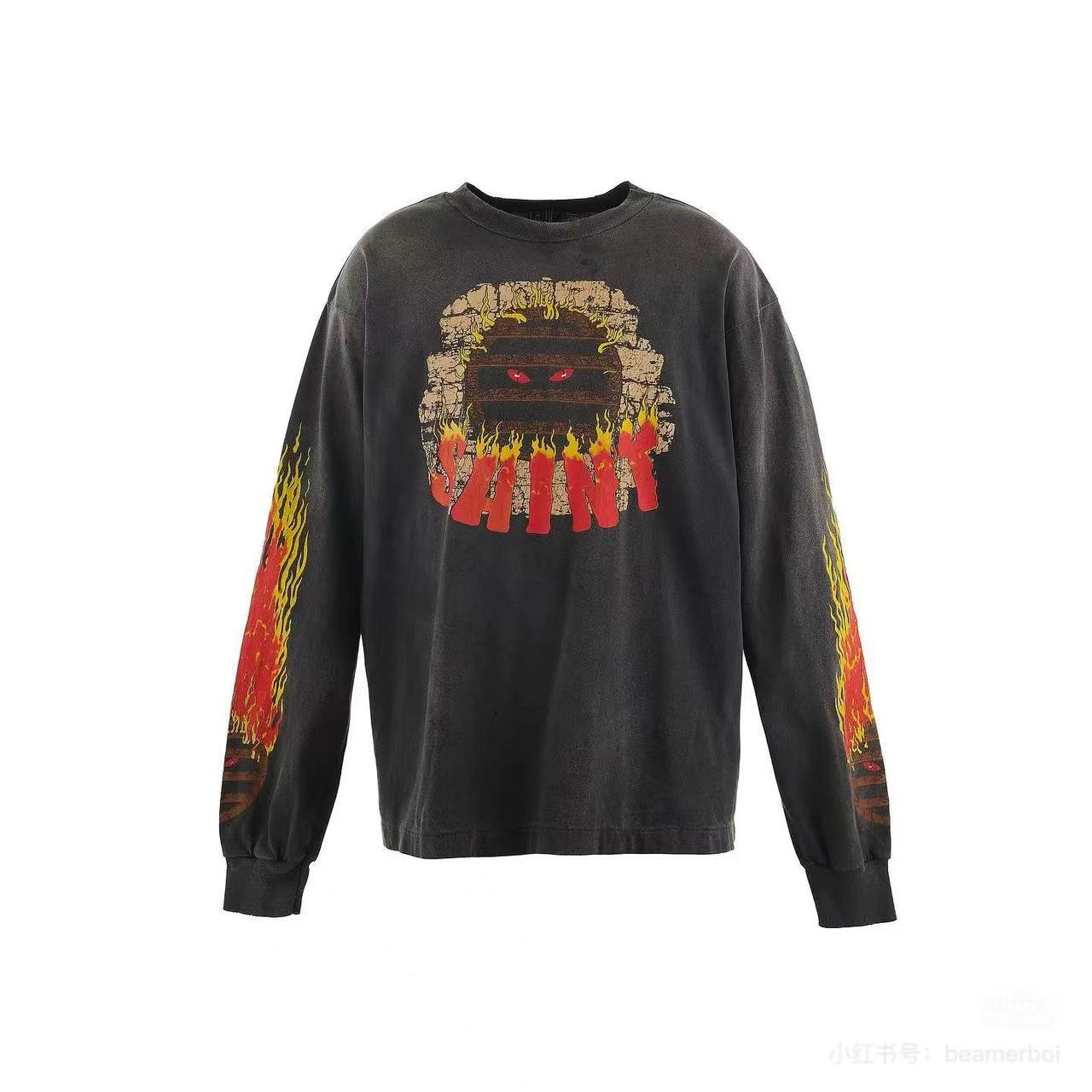 Saint Michael Fire Graphic Vintage Washed Long Sleeve Tee