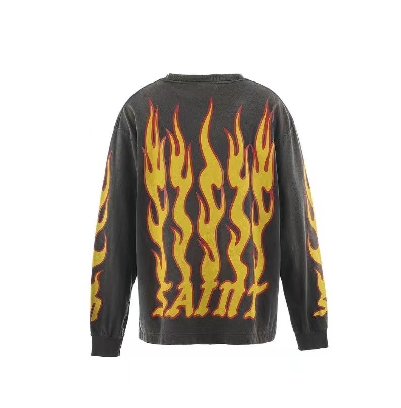 Saint Michael Soul On Fire Flame Graphic Vintage Washed Long Sleeve Tee