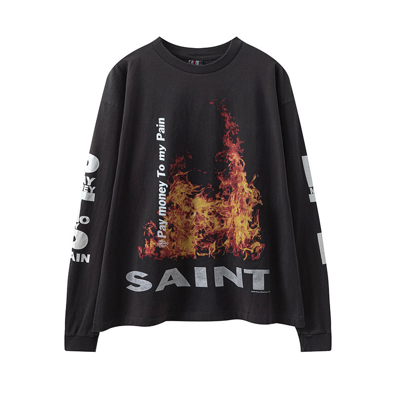 Saint Michael Flame Slogan Vintage Washed Black Long Sleeve Tee