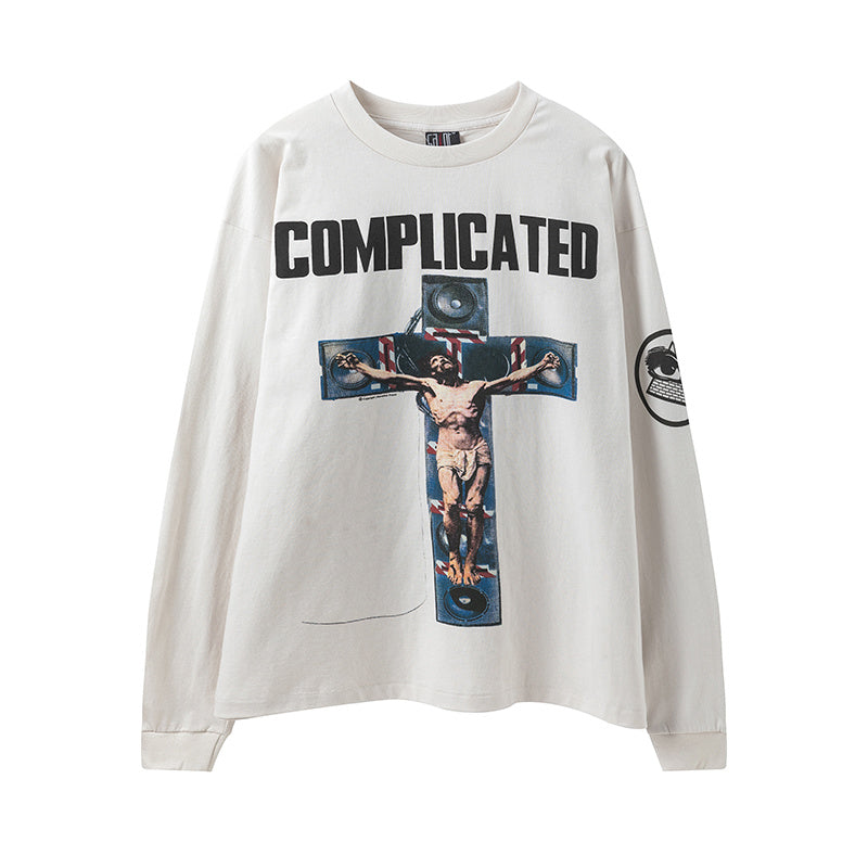 Saint Michael Complicated Cross Graphic Vintage White Long Sleeve Tee