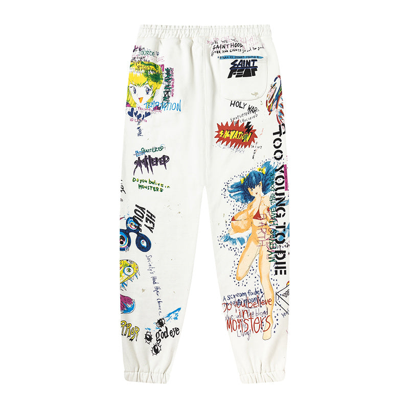 Saint Michael Anime Graffiti Print White Jogger Pants