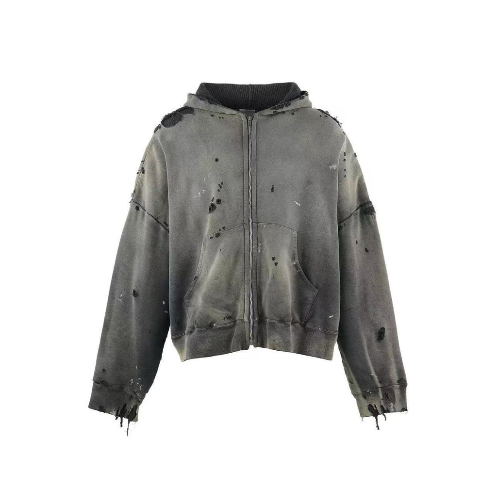 Saint Michael Distressed Zip‑Up Cropped Hoodie Dark Grey
