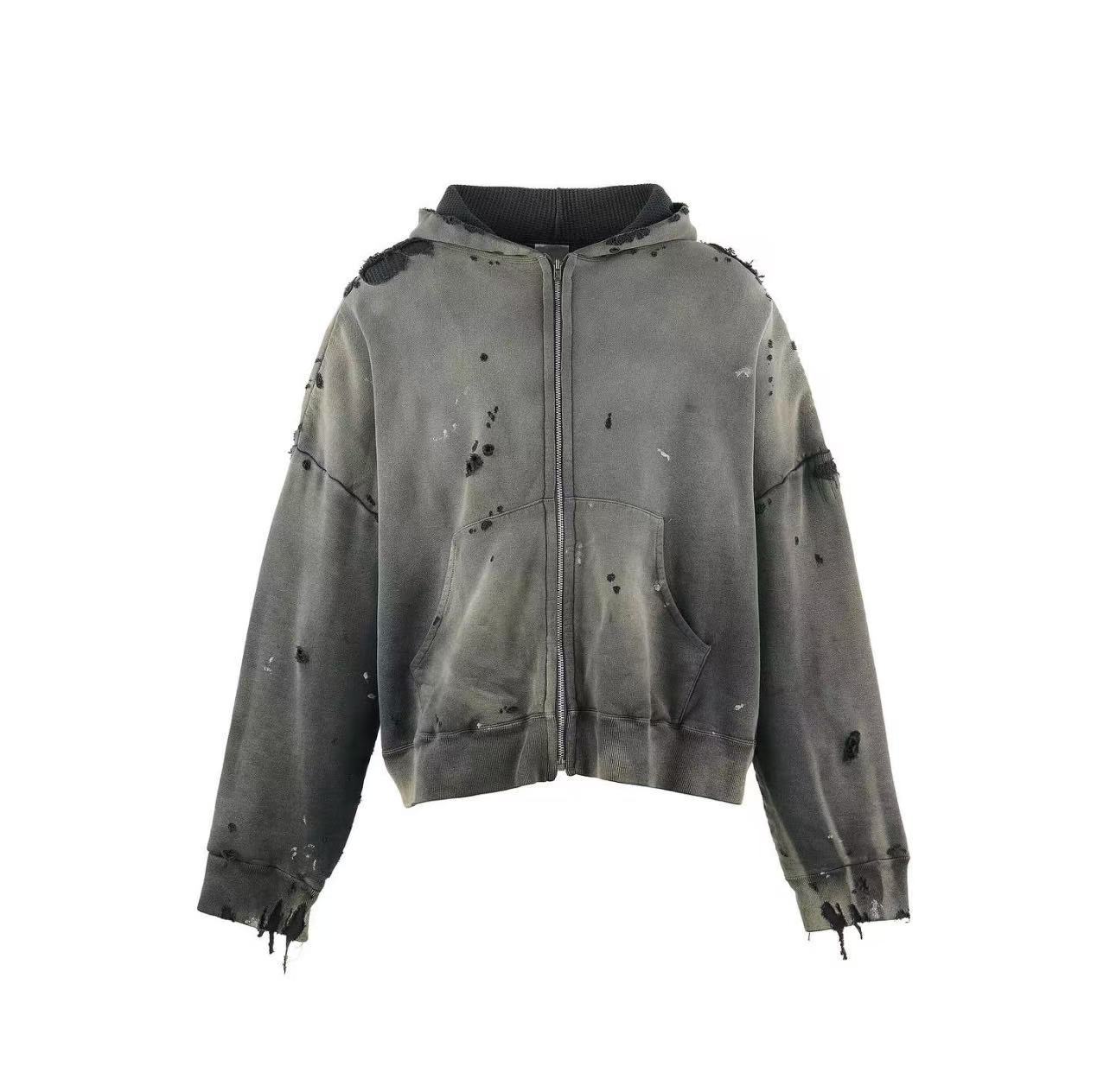 Saint Michael Distressed Zip‑Up Cropped Hoodie Dark Grey