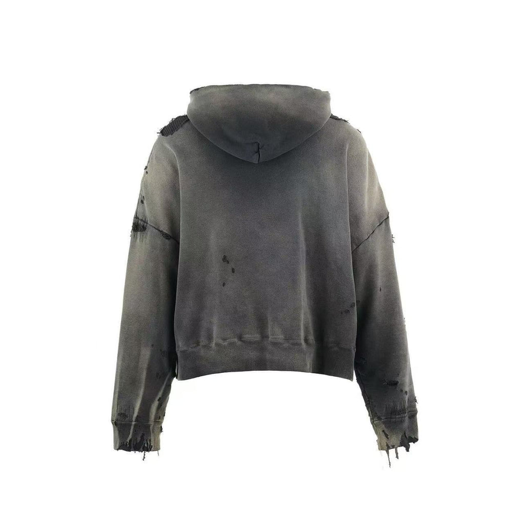 Saint Michael Distressed Zip‑Up Cropped Hoodie Dark Grey