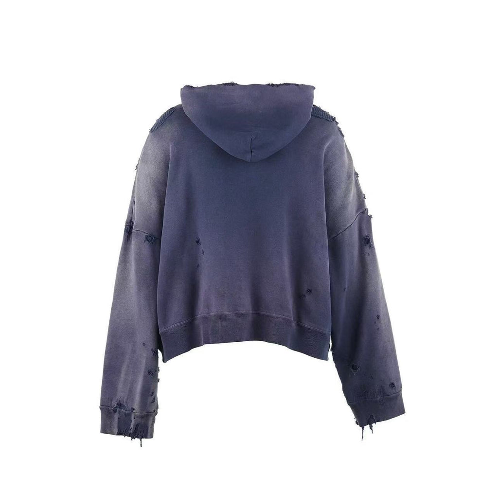 Saint Michael Distressed Zip‑Up Cropped Hoodie Dark Grey