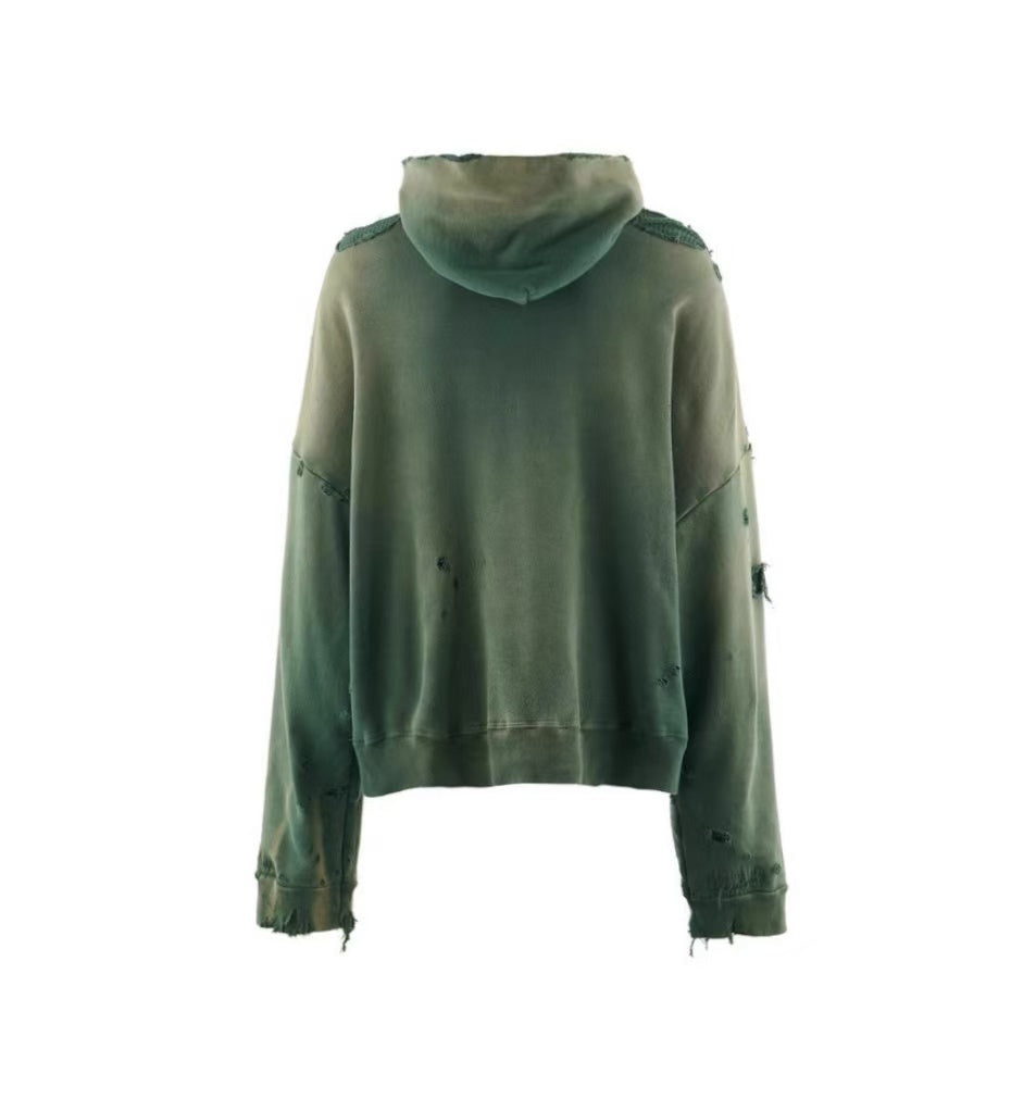Saint Michael Distressed Zip‑Up Cropped Hoodie Green