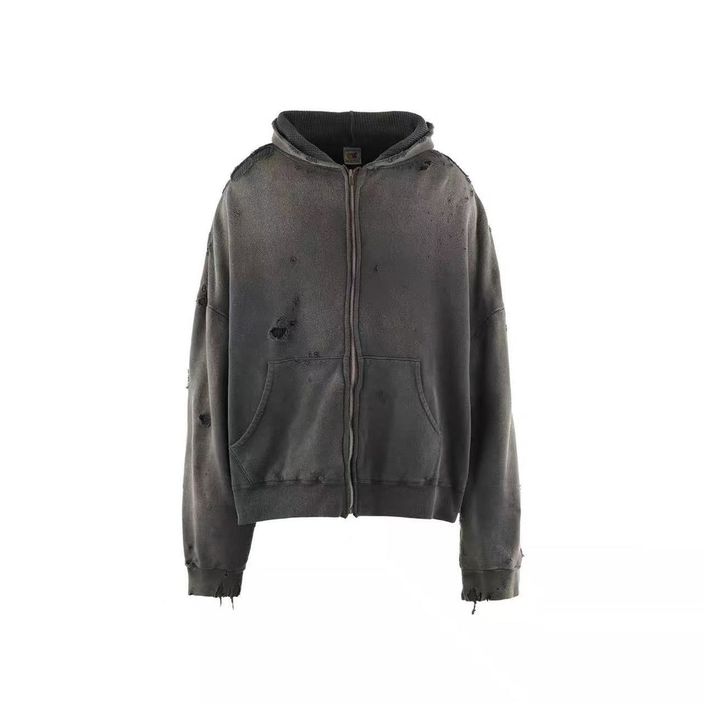 Saint Michael Distressed Zip‑Up Cropped Hoodie Green